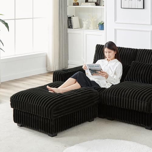 Black L Shaped Convertible Sectional Sofa with Ottoman & USB Port