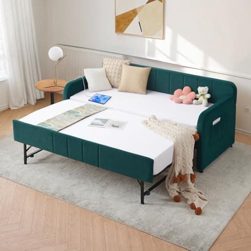 Beige Velvet Tufted Twin to King Size Daybed with Pop Up Trundle & USB Port