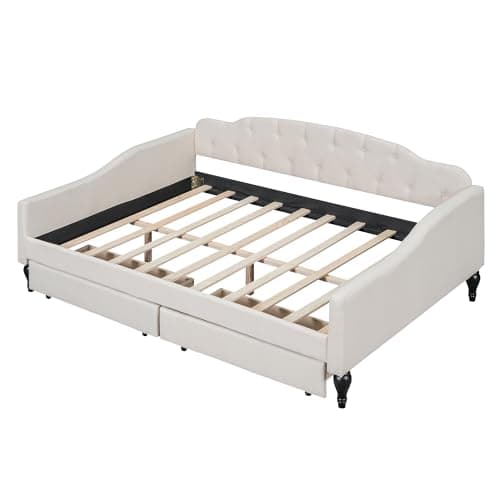 Beige Upholstered Daybed with Storage, Button Tufted Back & Nailhead Detail