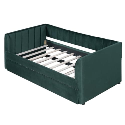 Merax Velvet Daybed with Backrest and Armrests, Green, Twin with Trundle