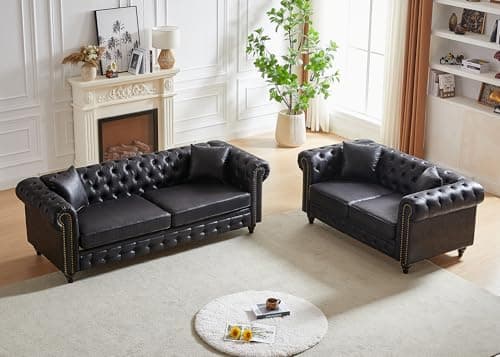 Mid Century Modern 2 Piece Sofa Set: Button Tufted Loveseat & 3 Seater, Nailhead Trim, Black