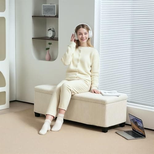 HOMCOM Beige 44-inch Storage Ottoman Bench with Removable Lid