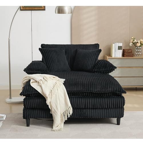 Eafurn Corduroy Upholstered Chaise Lounge Sofa with Ottoman & Cupholders