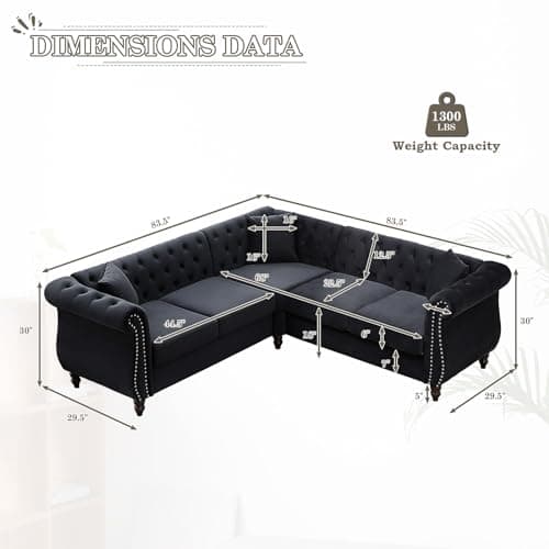 Mid Century Modern Velvet L-Shaped Sofa Couch - Black