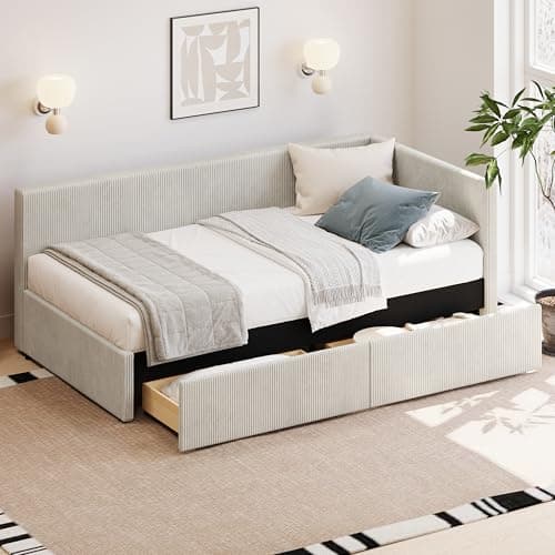 LUSPAZ Beige L-Shape Corduroy Daybed with 2 Drawers & Striped Legs, No Box Spring Required