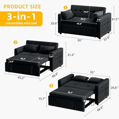 Black 3-in-1 Convertible Sofa Bed with Pull-Out Mattress & Adjustable Backrest