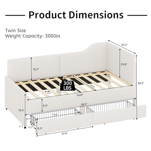 Merax Beige Corduroy Twin Daybed with Storage & Wood Slat Support