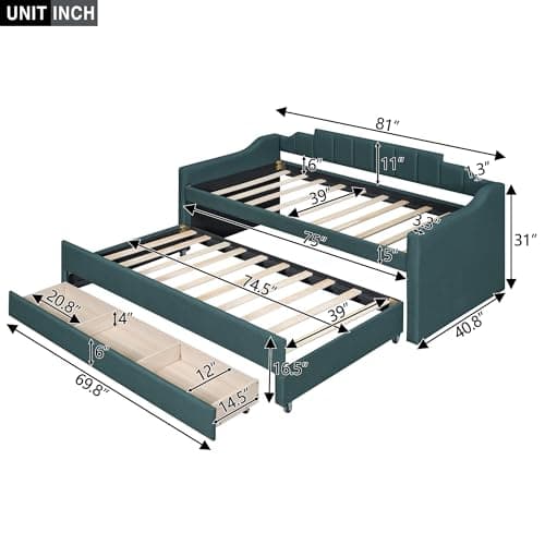Harper & Bright Designs Green Storage Daybed with 3 Drawers and Trundle
