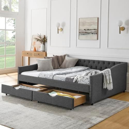 Beige Wood Full Size Daybed with Storage, Upholstered Nailhead Design, No Box Spring Needed