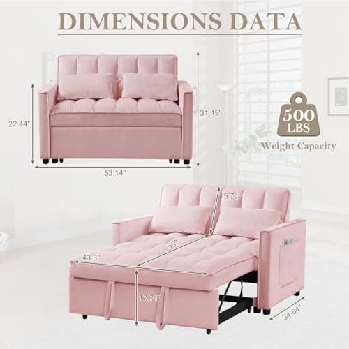 Convertible Sleeper Sofa Bed with Adjustable Backrest, Velvet Upholstered, Pink, 53