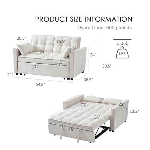 Modern 3-in-1 Futon Sofa Bed with Storage and Adjustables (Beige)