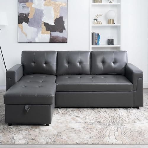 Naomi Home Dark Gray/Air Leather Sleeper Sectional Sofa Bed & Chaise - Tranquil Comfort