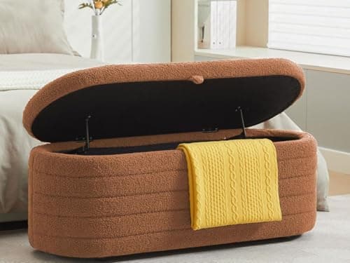 White Sherpa Padded Ottoman Bench with Storage for Living Room and Bedroom