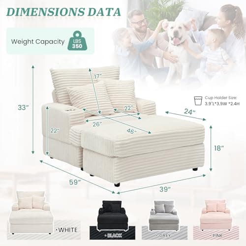Cozy Chaise Lounge Chair with Ottoman for Indoor, Modern Deep Seat Sofa (White)