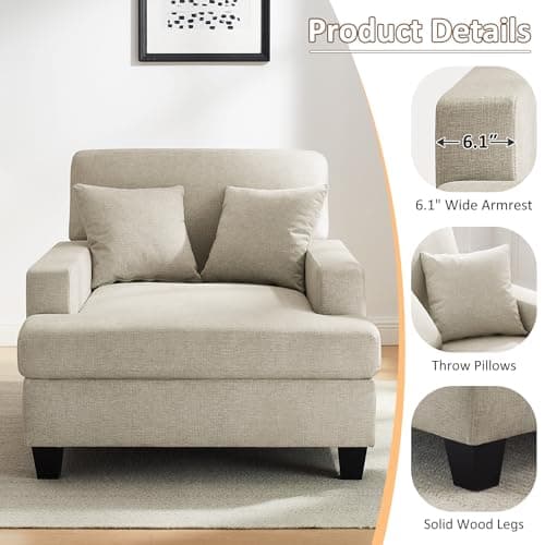 47" Adjustable Backrest Chaise Lounge Chair with Pillows, Oversized for Living Room, Bedroom, Office (Light Khaki)
