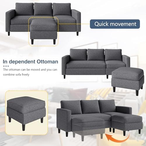 JAMFLY L-Shaped Couch for Living Room, Dark Grey Reversible Chaise