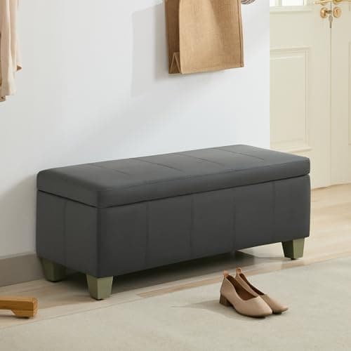 Black Brown Faux Leather Storage Ottoman with Wooden Legs