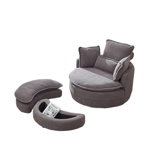Oversized Grey Swivel Chair with Moon Ottoman & 4 Pillows