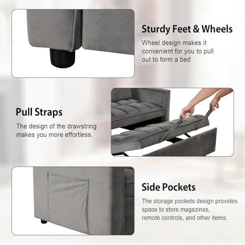 Modern Gray Convertible Sofa Bed with Multi-Functional Sleeper Couch, Pull Out Bed, and Chaise Lounge