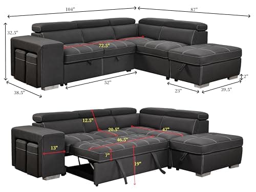 THSUPER Charcoal Grey 104" L-Shaped Sectional Sleeper Sofa with Storage Ottoman
