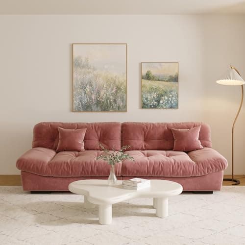 Modern 105" Scrub Velvet LoveSofa with 2 Pillows, Deep Seat Couch, Pink