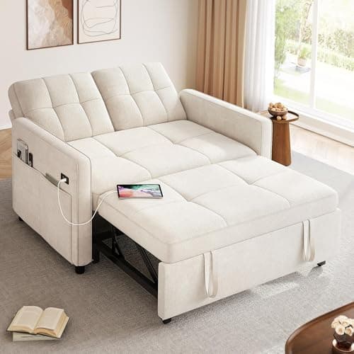YITAHOME 55" Convertible Sofa Bed, Beige Reclining Sleeper with Side Pocket