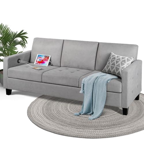 72" 3 Seater Gray Couch with USB Ports for Small Spaces