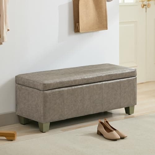 Black Brown Faux Leather Storage Ottoman with Wooden Legs