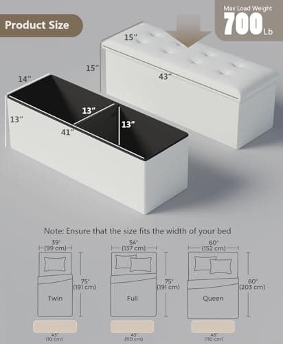 White Storage Ottoman Bench with Folding Foot Rest, 15 x 43 x 15 Inches
