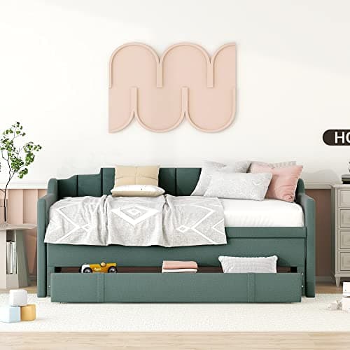 Harper & Bright Designs Green Storage Daybed with 3 Drawers and Trundle