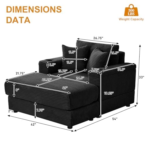 Oversized Chaise Lounge Chair with USB & Cup Holder - Black