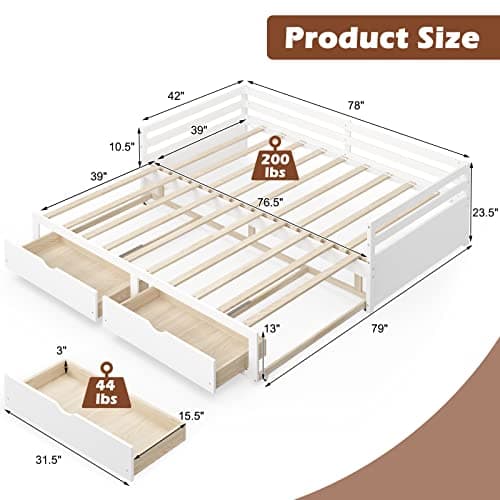 Modern Twin to King Daybed with Trundle, 2 Drawers, Pull Out Bed - White