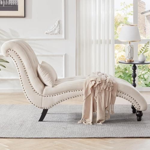 Tufted Beige Linen Rivets Chaise Lounge Chair for Living Room and Bedroom