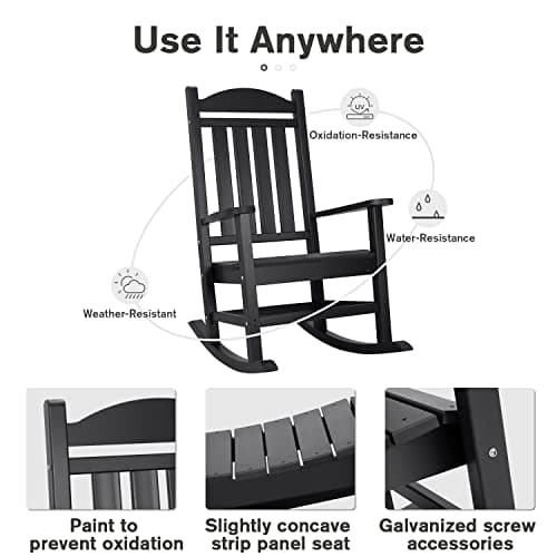 Devoko HDPE Outdoor Rocking Chair, Black, High Back, All Weather