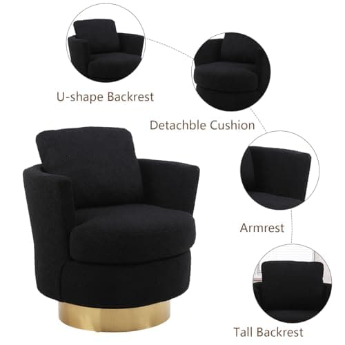 Gold Stainless Steel Base Teddy Swivel Chair, Black Comfy Living Room Accent