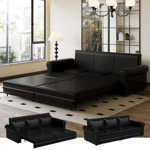 Light Brown 93.7" 3-in-1 Recliner Sleeper Sofa Bed, Faux Leather Office Living Room