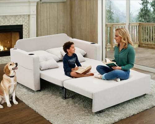 3-in-1 Pull-Out Couch, 56" Convertible Sleeper Sofa, Beige, Living Room/Bedroom Furniture