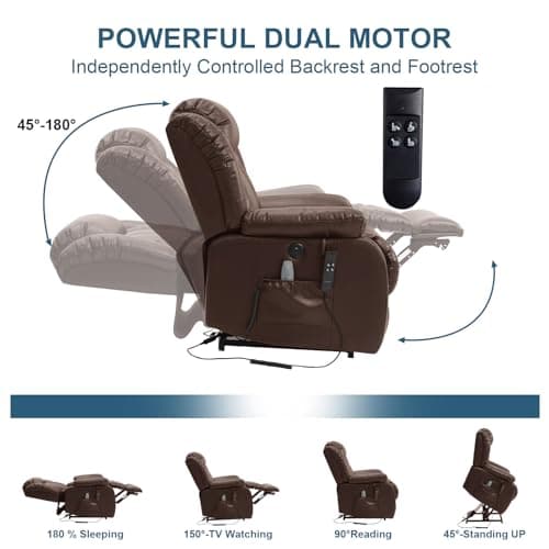 Genuine Leather Dual Motor Lift Recliner Chair with Heat & Massage (Brown)