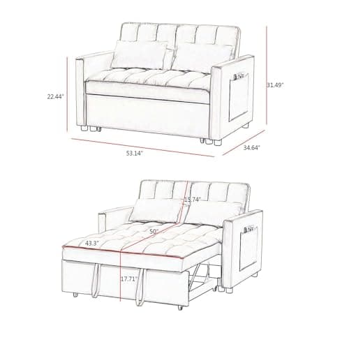 JEEOHEY Off White Convertible Sleeper Sofa Bed, Modern Velvet 53" Sofa Bed for Small Space & Living Room