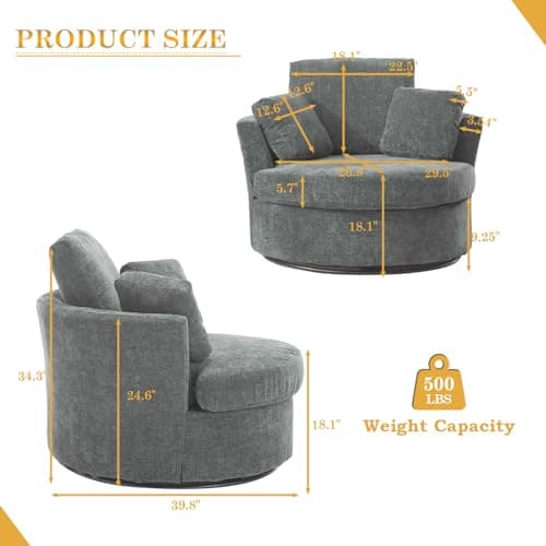 Set of 2 JEEOHEY Modern Chenille Swivel Barrel Chairs with Pillows - Grey Accent Arm Chairs for Living Room, Nursery, Bedroom, Office