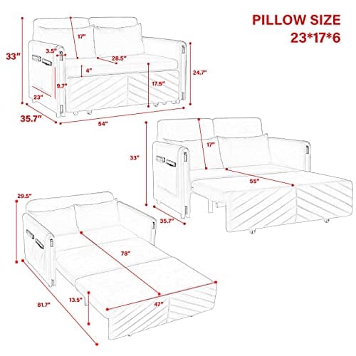 Modern Velvet Convertible Sleeper Sofa Bed with Headboard, Small Love Seat for Small Space, Grey