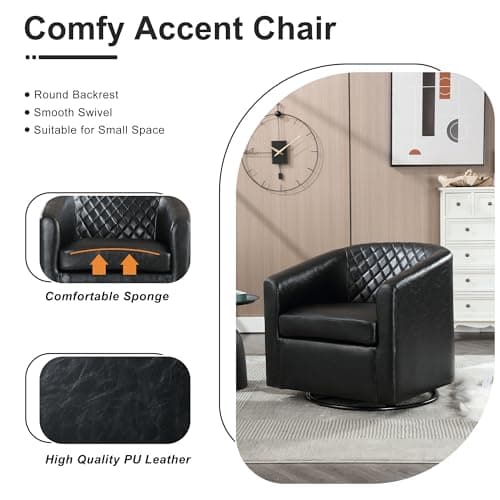 Black Swivel Leather Round Armchair for Living Room & Bedroom