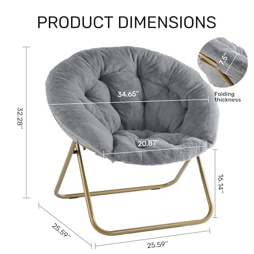 YSSOA Grey Foldable Saucer Chair, Comfortable Faux Fur for Adults & Teens