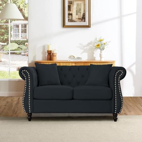 Velvet Chesterfield Sofa with Nailhead Trim, 2 Seater Loveseat for Living Room, Bedroom, Office