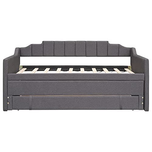 Grey Upholstered Daybed with Trundle and 3 Storage Drawers.