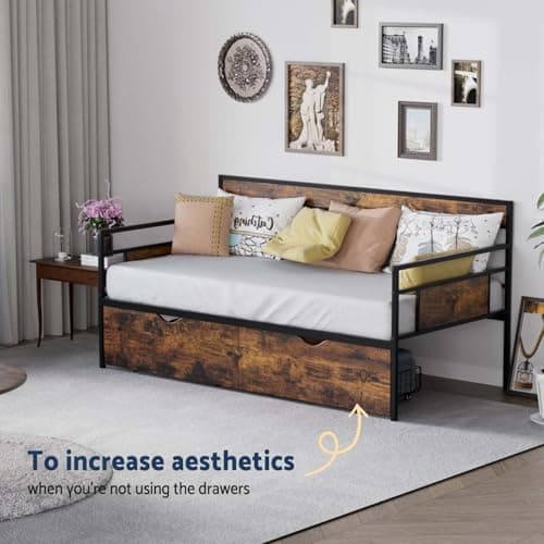 Tatub Twin Daybed with Drawers, Rustic Brown Sofa Bed Storage Frame