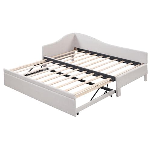 Beige Linen Extendable Day Bed with Pop Up Trundle,Twin to King