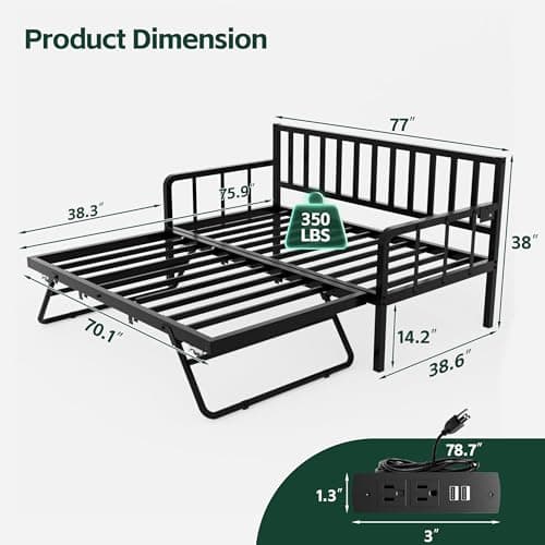 MU Black Metal Daybed with Trundle, Charging Station, and LED Lights