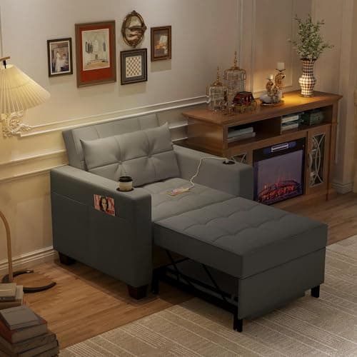 DURASPACE 3-in-1 Convertible Pull Out Sofa Bed with USB, Gray Faux Leather for Living Room