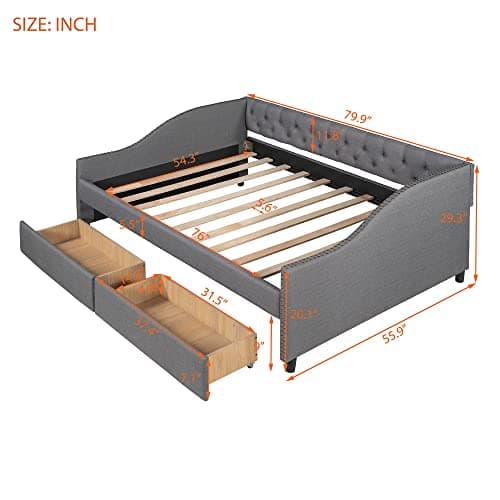 Upholstered Daybed with 2 Drawers and Diamond-Tufted Backrest, Gray